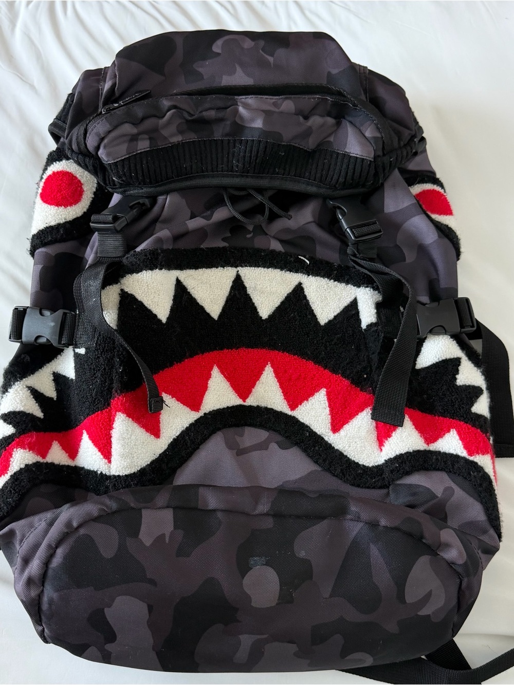 Sprayground Shark Mouth Camo Backpack - Black/Red/White